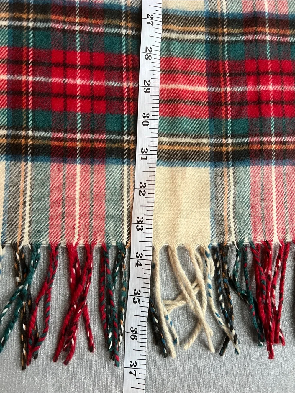 Classic Red Plaid Cream & Green Fringe Scarf Timeless Size 74” L x 12.25” W